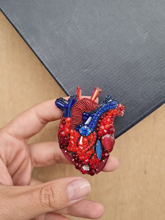 Handmade Beaded Anatomical Heart Brooch: Embroidered Heart Pin