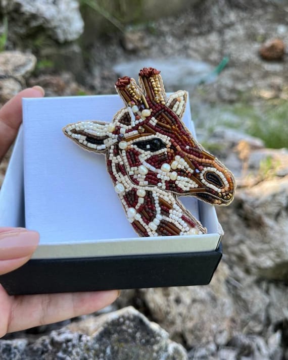 Handmade Beaded Giraffe Brooch: Embroidered Animal Pin,  Animal Jewelry
