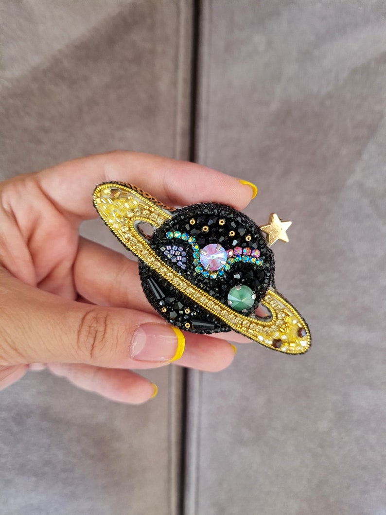 Handmade Planet Brooch, Embroidered Jewelry, Saturn Jewelry ,Jupiter Jewellry, Galaxy Ornament, Beaded Pin, Customized Gift, Planet Pin image 3