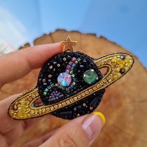 Handmade Planet Brooch, Embroidered Jewelry, Saturn Jewelry ,Jupiter Jewellry, Galaxy Ornament, Beaded Pin, Customized Gift, Planet Pin image 1