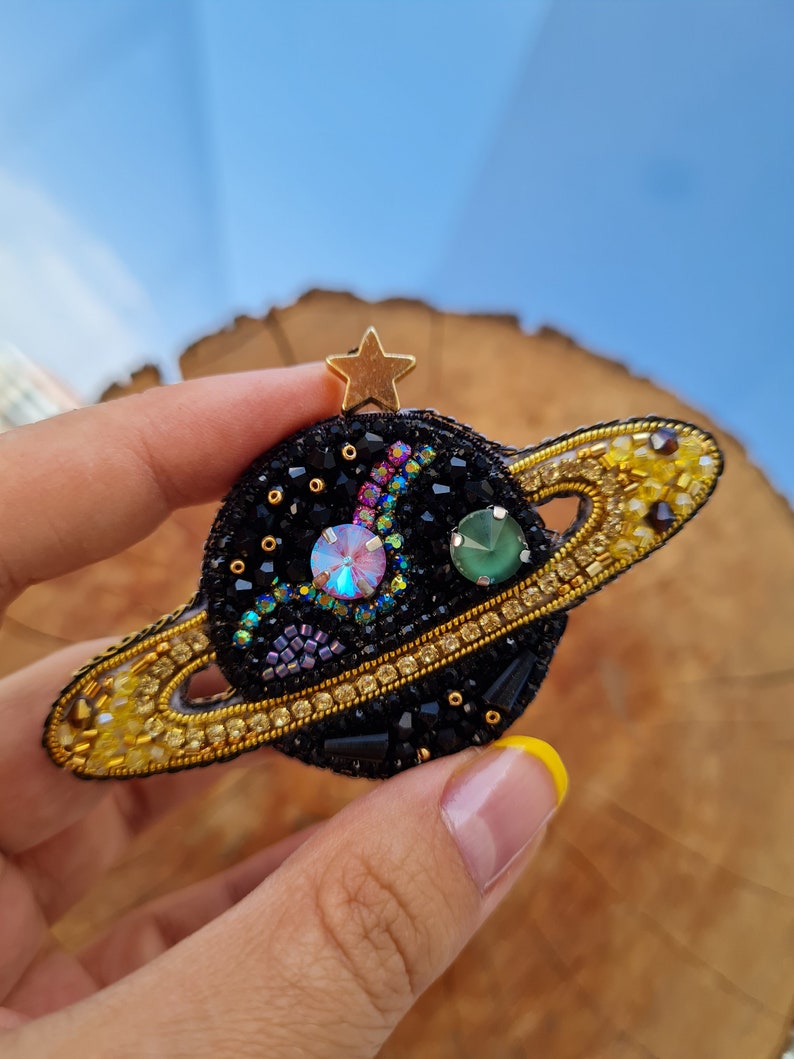 Handmade Planet Brooch, Embroidered Jewelry, Saturn Jewelry ,Jupiter Jewellry, Galaxy Ornament, Beaded Pin, Customized Gift, Planet Pin image 1