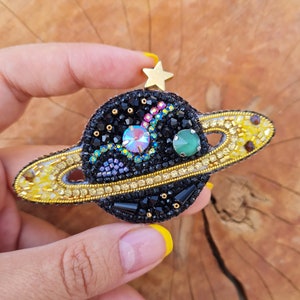 Handmade Planet Brooch, Embroidered Jewelry, Saturn Jewelry ,Jupiter Jewellry, Galaxy Ornament, Beaded Pin, Customized Gift, Planet Pin image 8