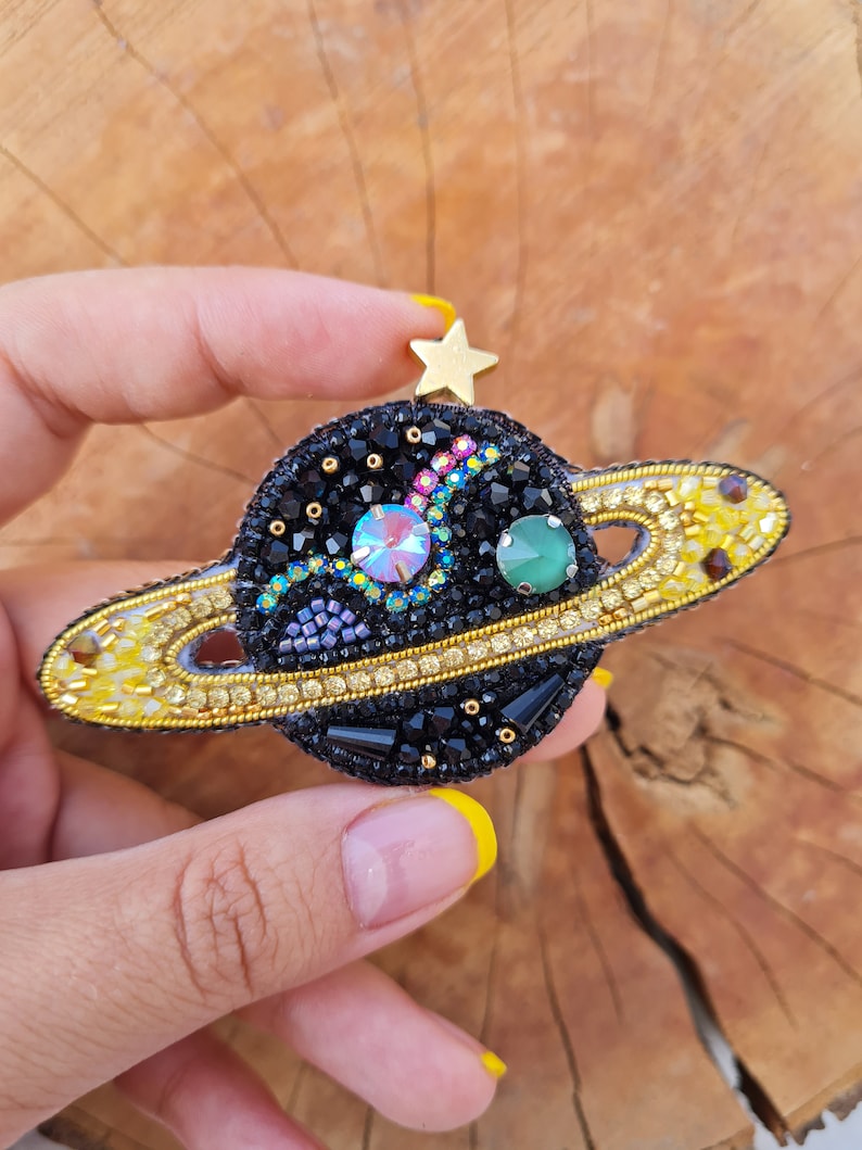 Handmade Planet Brooch, Embroidered Jewelry, Saturn Jewelry ,Jupiter Jewellry, Galaxy Ornament, Beaded Pin, Customized Gift, Planet Pin image 8