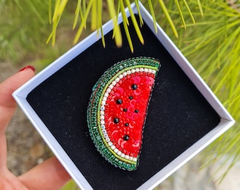 Handmade Beaded Watermelon Brooch: Colorful Embroidered Fruit Pin