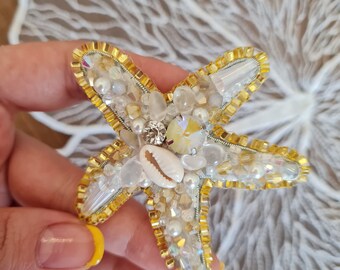 Starfish art pin, Seastar, Sea embroidered brooch, Ocean lover gift for her, Handmade Brooch,  Starfish Brooch