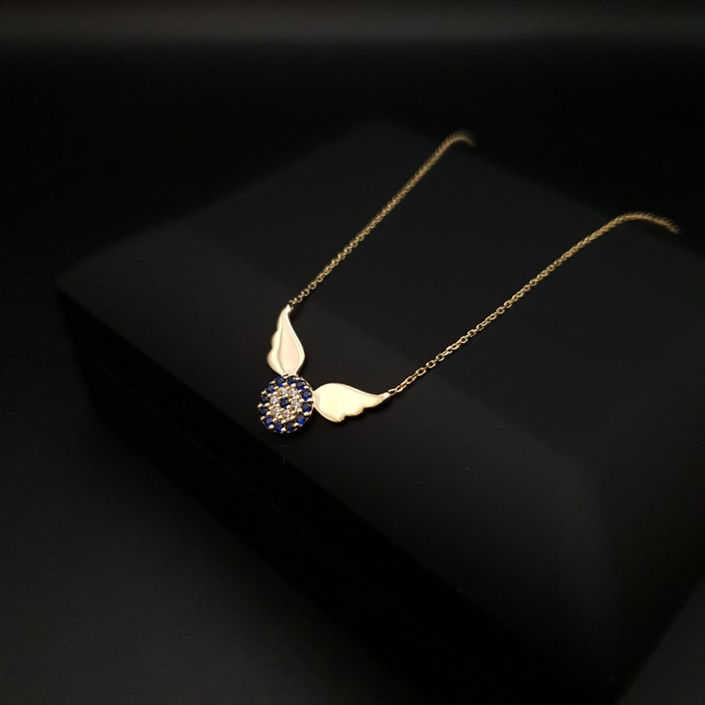 18k Real Gold Devil Eye necklace, angle pendant, 18k gold necklace, devil eye wings, gift for her, birthday gift, image 2
