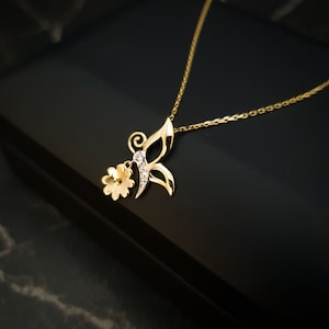 18K Real Gold Butterfly & Flower Necklace, Butterfly Necklace, Flower Necklace, Best Gift For Her, Birthday Gift, High Quality Gold,