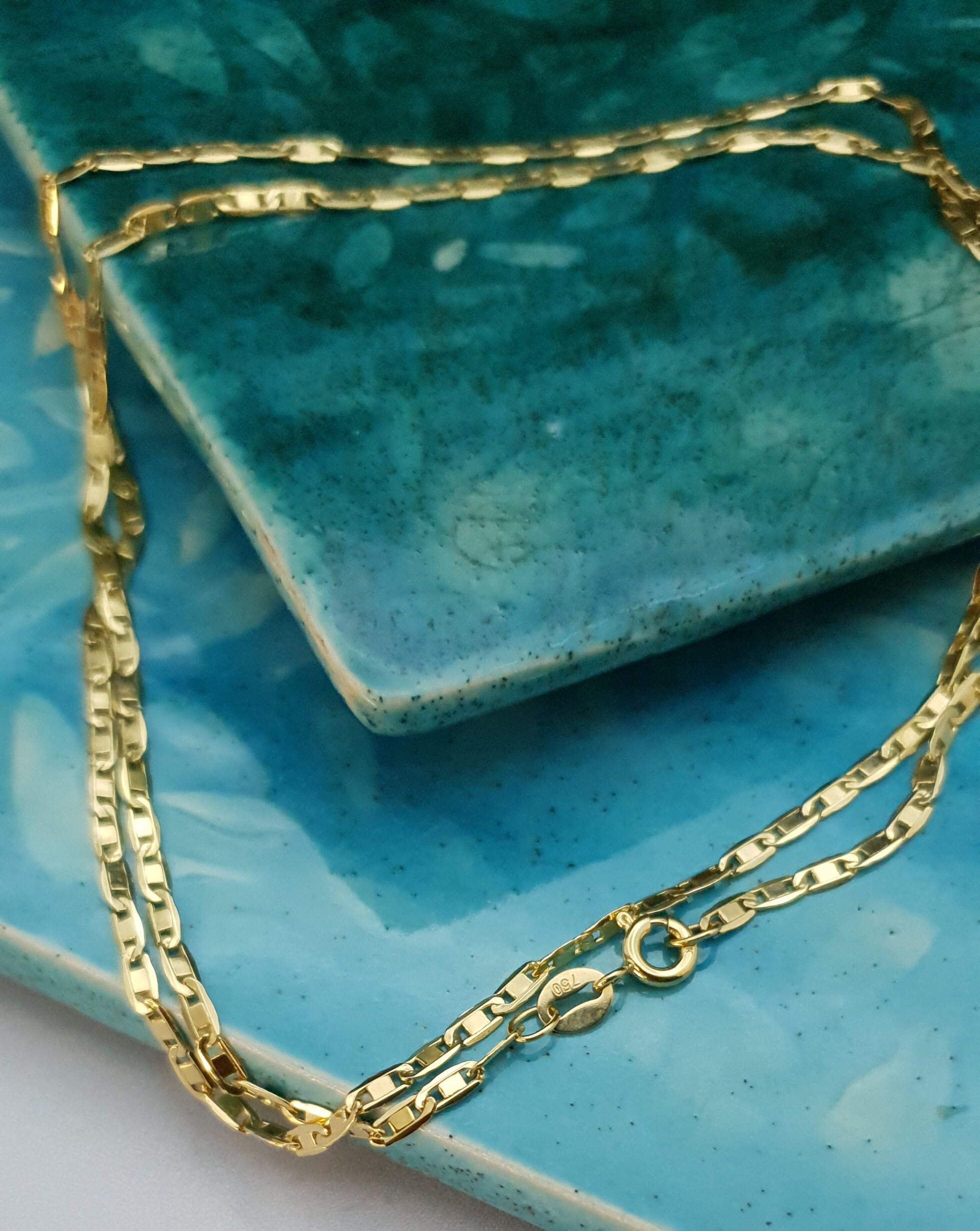 18k Real Gold Flat ANCHOR CHAIN Necklace ,2.3mm ,mariner Chain , 18k