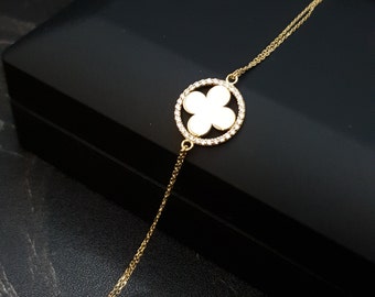 18K Real Gold Lucky Clover Bracelet, Circle Bracelet, Best gift for her, birthday gift, Gold women bracelet,