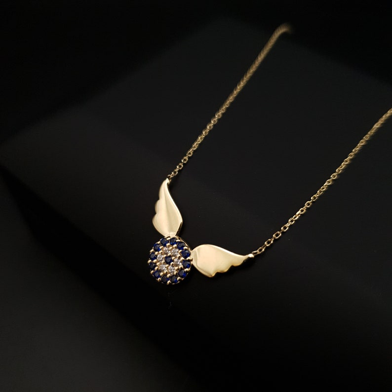 18k Real Gold Devil Eye necklace, angle pendant, 18k gold necklace, devil eye wings, gift for her, birthday gift, image 1