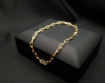18K Gold Paperclip Bracelet - Delicate Link Chain, 7.5 inch