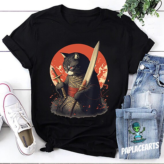 Retro Japanese Samurai Ninja Cat T shirt Ninja Cat Shirt Kawaii