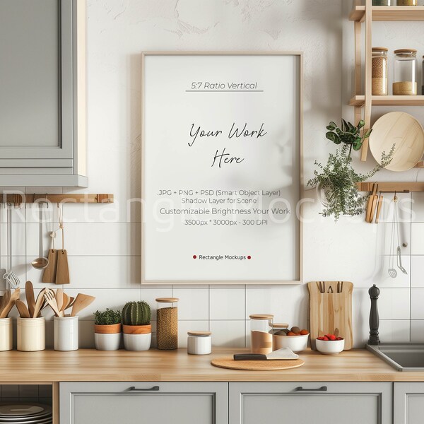 5:7 Boho Kitchen Frame Mockup, Modern Interior Frame Mockup, Bohemian Kitchen Frame Mockup PSD, Photo Frame Mockup, Painting Frame Mockup