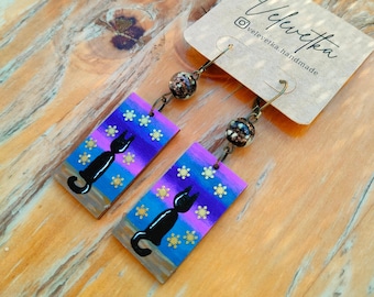 Unique Black Cats Earrings - Hand-Painted on Wooden Bases