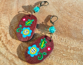 Polish Folklore Inspired Hand-Painted Wooden Earrings with Glass Beads