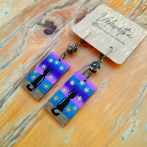 Unique Black Cats Earrings - Hand-Painted on Wooden Bases