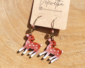 Winter Reindeers - Hand-painted wooden dangle earrings, wild nature, animal Christmas accessories