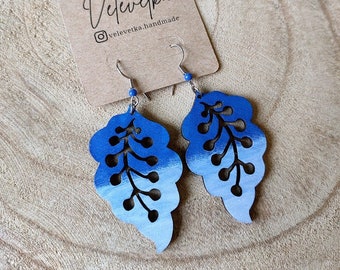 Handpainted Blue Leaf Earrings - Unique Boho Dangle Earrings - Gift for Her