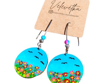 Handpainted Wooden Earrings - Flowers and nature, Super lightweight, mini art, small paintings