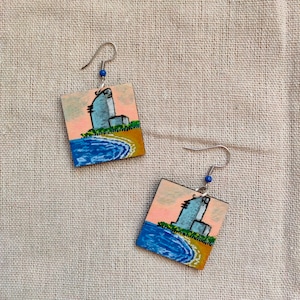 Barcelona seaside, hand-painted wooden earrings | landscape earrings | beach | painted jewelry | seaside | sunset landscape | hotel w beach