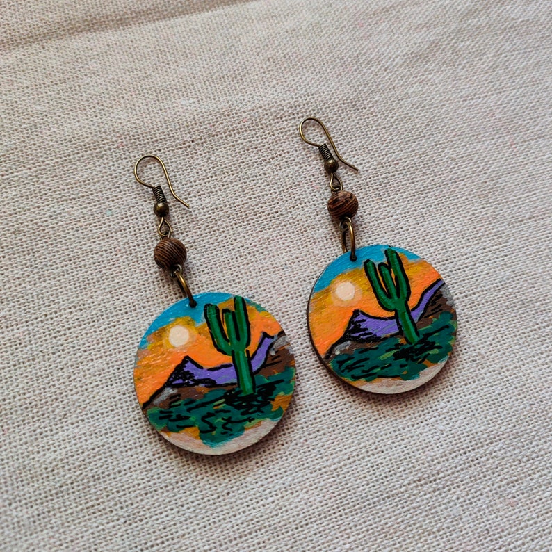 Cactus Landscape Earrings Hand-Painted Wooden Earrings Nature-Inspired Sustainable Fashion image 3