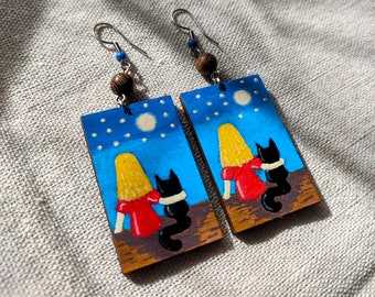 Hand-painted Wooden Earrings Featuring a Girl and Her Cat Under the Night Sky