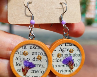 Book pages earrings, real flowers and resin literature jewelry