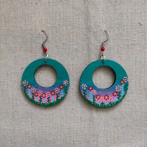 Spring Time Green earrings | hand-painted wooden earrings | boho earrings | flower power | painted jewelry | pink flowers | painted flowers