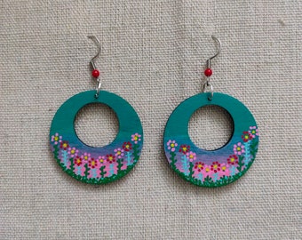 Spring Time Green earrings | hand-painted wooden earrings | boho earrings | flower power | painted jewelry | pink flowers | painted flowers