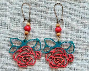 Red Roses, hand-painted wooden earrings | wooden jewelry | floral earrings | hand-painted roses | red flowers | unique jewelry| roses