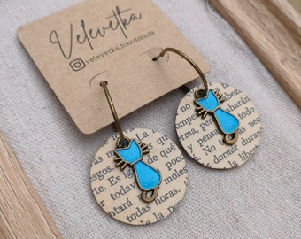 Vintage Book Decoupage Earrings with Blue Cat Pendants