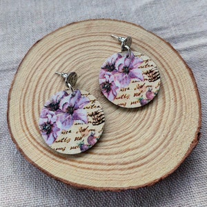 Decoupage Wooden Earrings Chic Style Pink Flowers Vintage Retro Handmade Unique Gift for Women