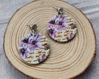 Decoupage Wooden Earrings Chic Style Pink Flowers Vintage Retro Handmade Unique Gift for Women