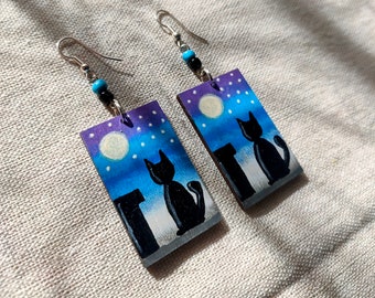 Handpainted Wooden Earrings with Black Cat in the Moonlight - Unique Art Jewelry