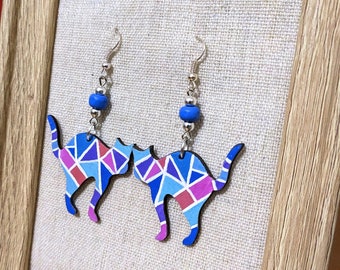 Blue cats earrings | hand-painted wooden earrings | cat earrings | wooden art | painted jewelry | cats mom earrings | painted cat | mosaic