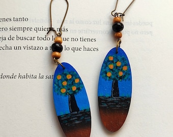 Orange Trees, hand-painted wooden earrings