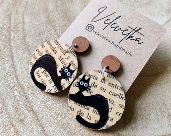 Unique Earrings from the Cats and Books Collection - Handmade Decoupage Earrings with Spanish Vintage Books