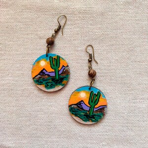 Cactus Landscape Earrings Hand-Painted Wooden Earrings Nature-Inspired Sustainable Fashion image 2