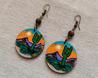 Cactus Landscape Earrings - Hand-Painted Wooden Earrings - Nature-Inspired Sustainable Fashion