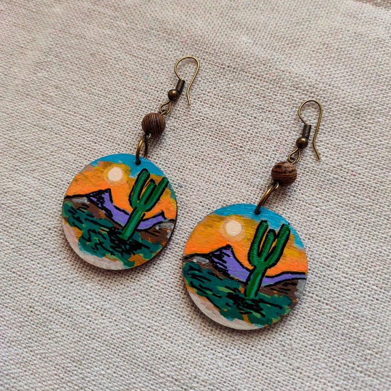 Cactus Landscape Earrings Hand-Painted Wooden Earrings Nature-Inspired Sustainable Fashion image 1
