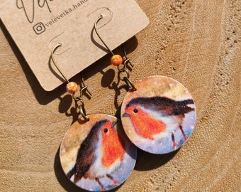 Winter Autumn birds, decoupage wooden earrings