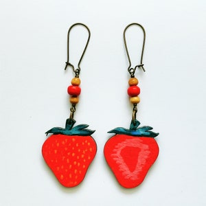 Hand-Painted Wooden Earrings with Sweet Strawberry Design