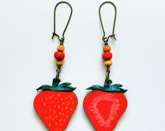 Hand-Painted Wooden Earrings with Sweet Strawberry Design