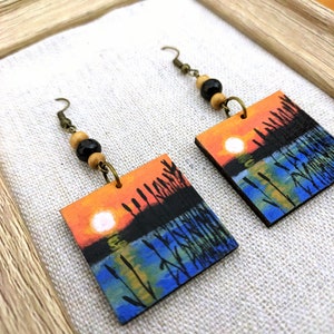 Handpainted Wooden Earrings with Lake Landscape and Sunset Painted - Unique Nature Inspired Jewelry