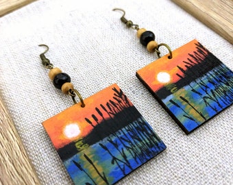 Handpainted Wooden Earrings with Lake Landscape and Sunset Painted - Unique Nature Inspired Jewelry