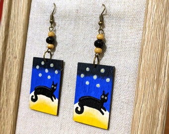 Handpainted Wooden Earrings with Black Cat on the Moon