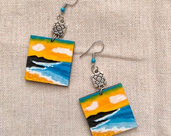 Hand-painted Wooden Earrings Inspired by Barcelona’s Mediterranean Sea