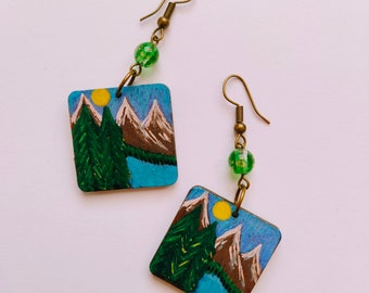 Mountains, hand-painted wooden earrings | nature earrings | painted mountains | painted jewelry | painted trees | mountains earrings