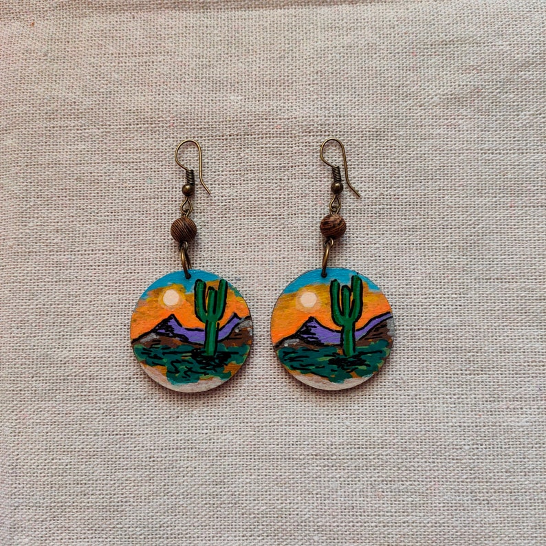 Cactus Landscape Earrings Hand-Painted Wooden Earrings Nature-Inspired Sustainable Fashion image 4