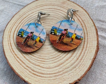 Decoupage Wooden Earrings - Vintage Summer Beach Retro Boho